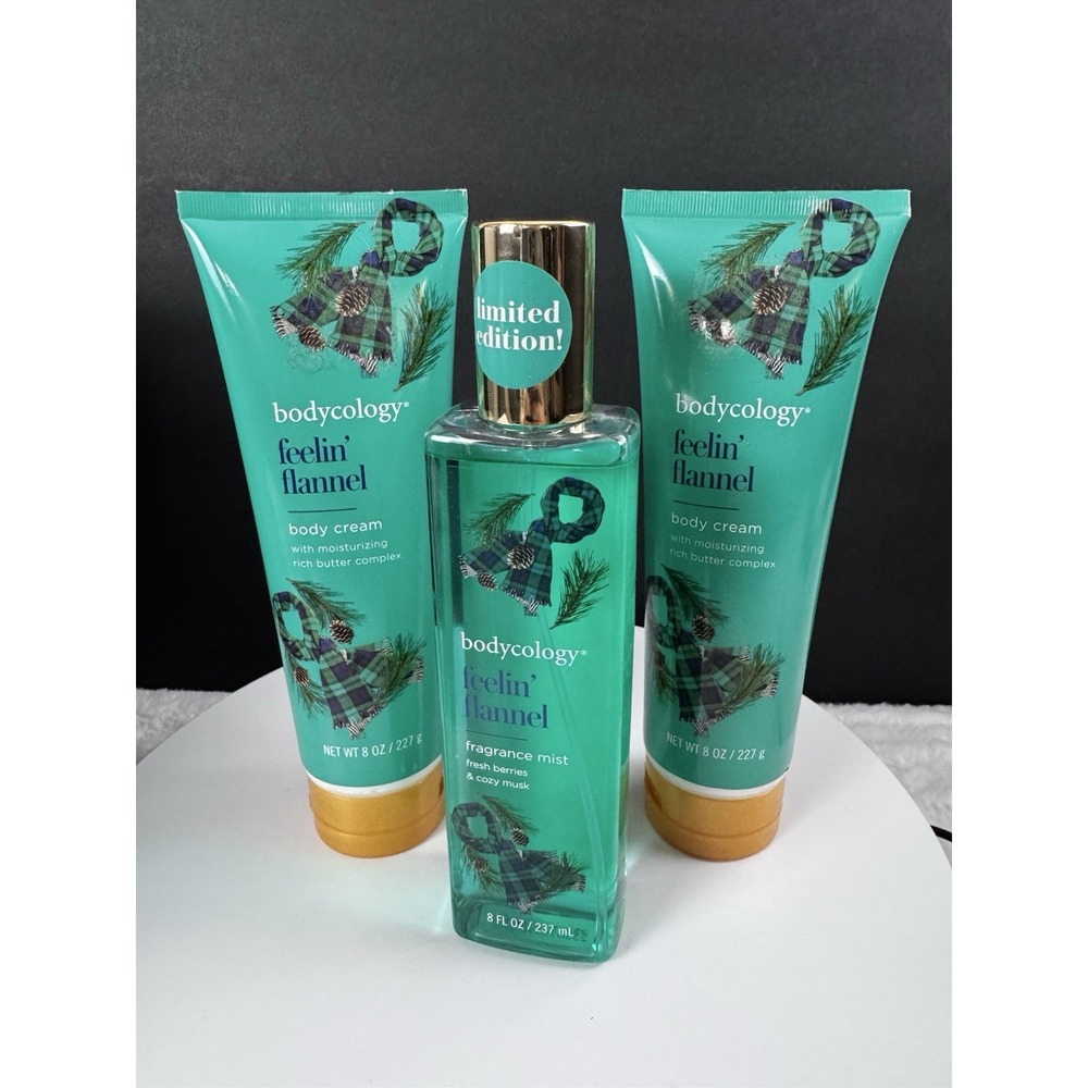 3 Pc SET Bodycology‎ FEELIN' FLANNEL Fragrance Mist And Body Cream Full Size
